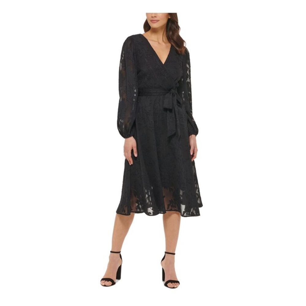 KENSIE DRESSES Womens Black Tie Lined Balloon Sleeve Fit + Flare Dress 6